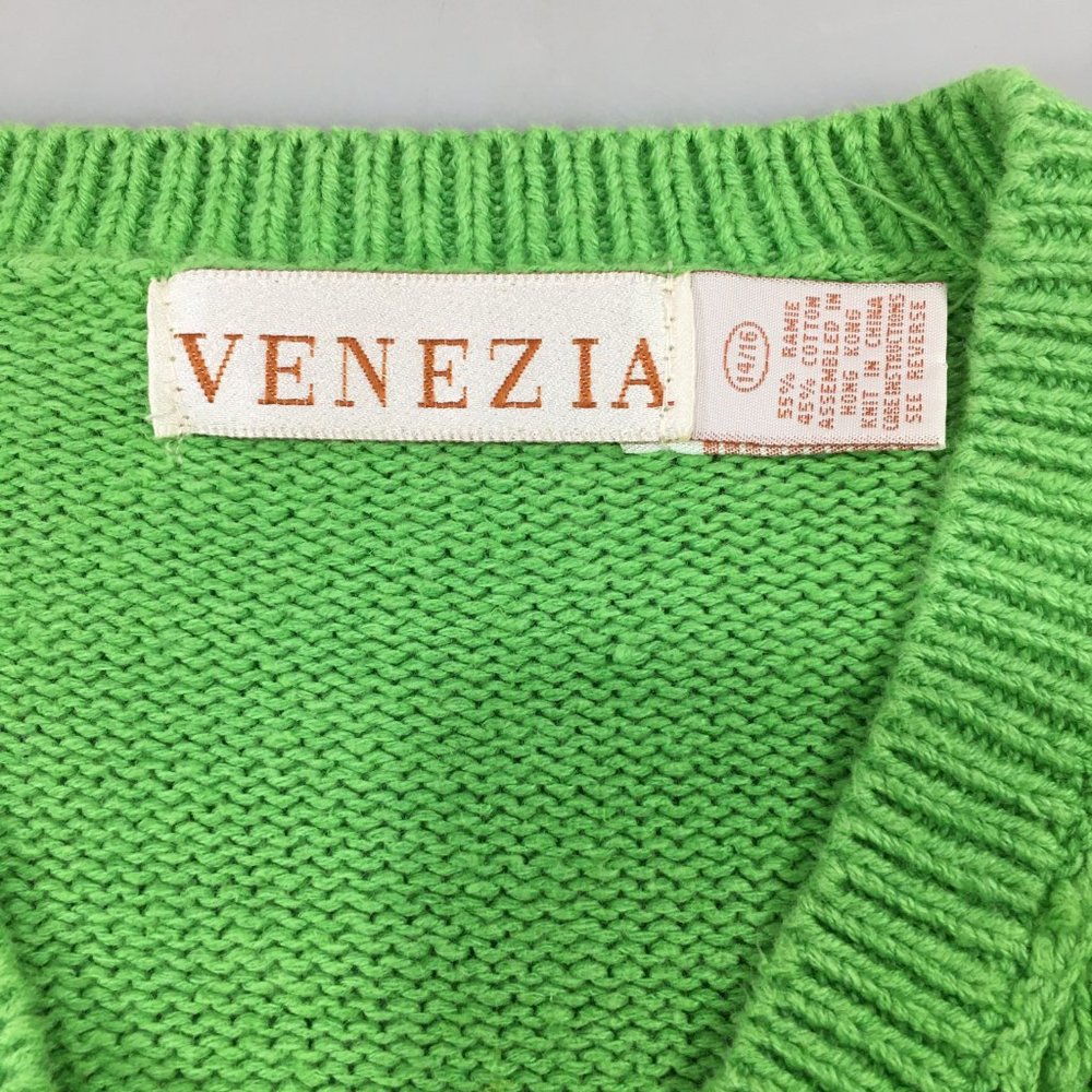 Venezia 14/16 Apple Green V-Neck Ramie Cotton Pullover Sweater 3/4 Sleeves - Picture 5 of 5